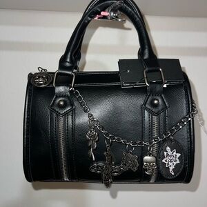 Ed Hardy Black Satchel with Chain and Charm Accents